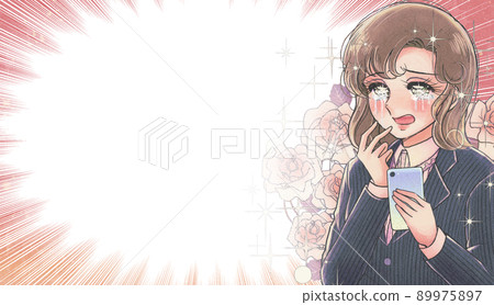 少女漫畫風格的廣告 拿著玫瑰的女人看到引人注目的材料/智能手機就會欣喜若狂 少女漫畫風格的廣告 拿著玫瑰的女人看到引人注目的材料/智能手機就會欣喜若狂 89975897