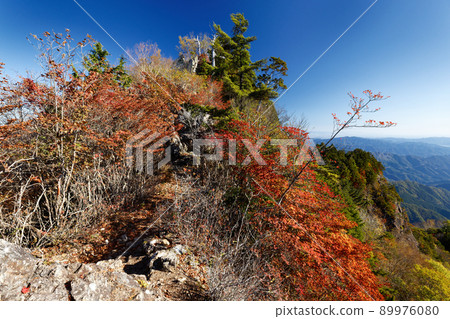 Mountain trail just below the summit of Mt. Ryokami in autumn colors 89976080
