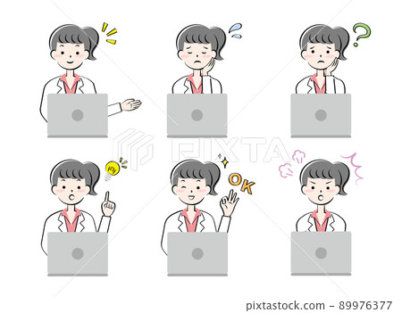 A variation of a set of facial expressions for a woman in a white coat and a personal computer A variation of a set of facial expressions for a woman in a white coat and a personal computer 89976377