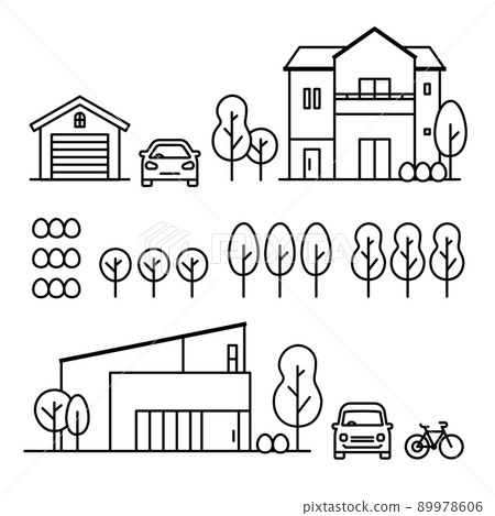 為郊區住宅、植物、汽車、自行車、車庫設置的圖標 89978606