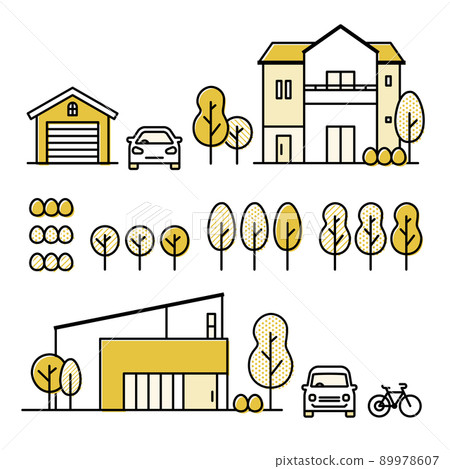 為郊區住宅、植物、汽車、自行車、車庫設置的圖標 89978607
