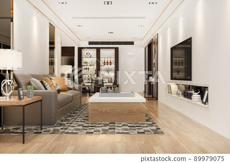 3d rendering modern dining room and living room with luxury decor 89979075