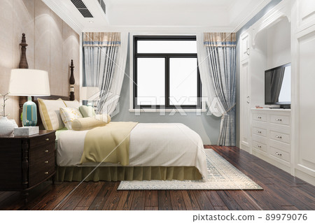 3d rendering beautiful luxury bedroom suite in hotel with tv 89979076