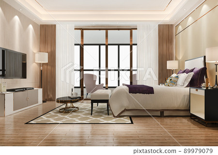 3d rendering beautiful luxury bedroom suite in hotel with tv 89979079