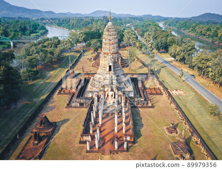 Aerial view of Wat Phra Sri Rattana Mahathat Rajaworaviharn temple and buddha in Si Satchanalai 89979356