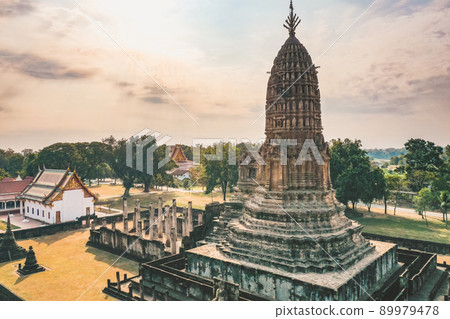 Aerial view of Wat Phra Sri Rattana Mahathat Rajaworaviharn temple and buddha in Si Satchanalai Aerial view of Wat Phra Sri Rattana Mahathat Rajaworaviharn temple and buddha in Si Satchanalai 89979478