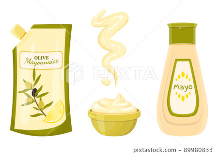 A set of olive mayonnaise in plastic bag and bottle, mayonnaise in a bowl, splash of mayonnaise. A set of barbecue sauce, picnic, apps, games, banner, advertising, fast food restaurant. A set of olive mayonnaise in plastic bag and bottle, mayonnaise in a bowl, splash of mayonnaise. A set of barbecue sauce, picnic, apps, games, banner, advertising, fast food restaurant. 89980833