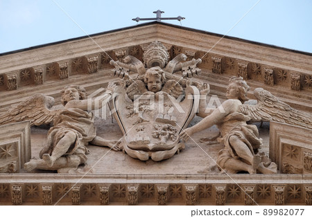 Coat of arms of Pope Alexander VII Chigi on the portal of Sant Andrea della Valle Church in Rome, Italy 89982077