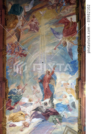 The fresco on the ceiling of the Franciscan Church of the Annunciation in Ljubljana, Slovenia The fresco on the ceiling of the Franciscan Church of the Annunciation in Ljubljana, Slovenia 89982102