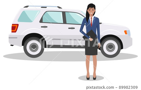 Businesswoman standing near the car on white background in flat style. Business concept. Detailed illustration of automobile and woman. Flat design people character. Vector illustration. Businesswoman standing near the car on white background in flat style. Business concept. Detailed illustration of automobile and woman. Flat design people character. Vector illustration. 89982309