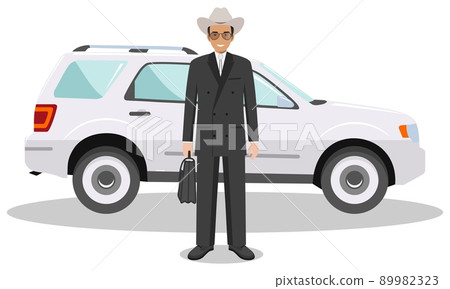 American, european businessman standing near the car on white background in flat style. Detailed illustration of automobile and man. Business concept. Flat design people character. Vector American, european businessman standing near the car on white background in flat style. Detailed illustration of automobile and man. Business concept. Flat design people character. Vector 89982323