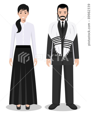 Set of standing together jewish man and woman in the traditional clothing isolated on white background in flat style. Differences Israelis in the national dress. Vector illustration. Set of standing together jewish man and woman in the traditional clothing isolated on white background in flat style. Differences Israelis in the national dress. Vector illustration. 89982339