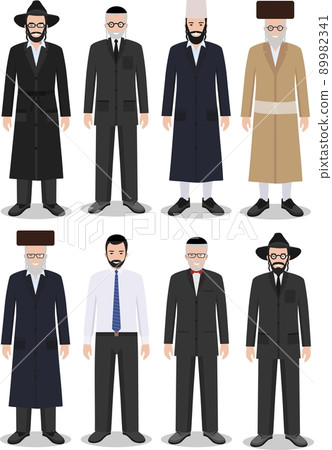 Set of different standing jewish old and young men in the traditional clothing isolated on white background in flat style. Differences Israelis in the national dress. Vector illustration. Set of different standing jewish old and young men in the traditional clothing isolated on white background in flat style. Differences Israelis in the national dress. Vector illustration. 89982341