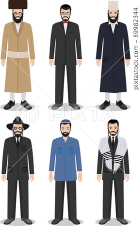 Set of different standing jewish men in the traditional clothing isolated on white background in flat style. Differences Israelis in the national dress. Vector illustration. Set of different standing jewish men in the traditional clothing isolated on white background in flat style. Differences Israelis in the national dress. Vector illustration. 89982344