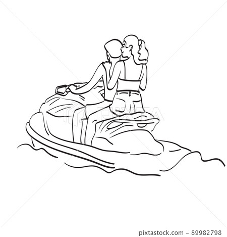 Couple driving jetski on vacation illustration vector hand drawn isolated on white background line art. Couple driving jetski on vacation illustration vector hand drawn isolated on white background line art. 89982798