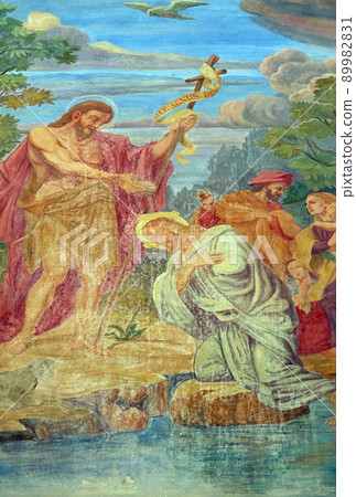 Baptism of the Lord, fresco on the facade of St Nicholas Cathedral in Ljubljana, Slovenia 89982831