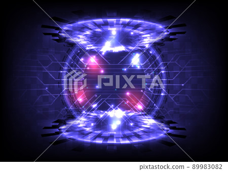 GUI and UI virtual reality. Portal and hologram science futuristic. Sci-fi digital hi-tech in glowing HUD projector. Neon luminous cosmic. Universe Magic gate in game fantasy. Teleport circle podium 89983082