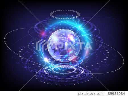 GUI and UI virtual reality. Portal and hologram science futuristic technology cyberpunk. Sci-fi digital hi-tech in glowing HUD projector. Magic gate in game fantasy. Circle teleport podium and globe 89983084