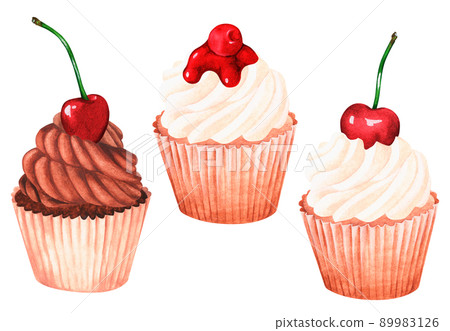 Cherry Cupcakes set. Watercolor illustration. Isolated on a white background. For design. 89983126