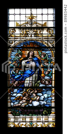 Assumption of the Virgin Mary, stained glass window in the Basilica of the Sacred Heart of Jesus in Zagreb, Croatia Assumption of the Virgin Mary, stained glass window in the Basilica of the Sacred Heart of Jesus in Zagreb, Croatia 89983442