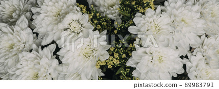 white chrysanthemum flowers, bunch of cut natural flowers, Banner 89983791