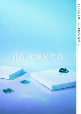 empty scene with square podiums on holographic blue background empty scene with square podiums on holographic blue background 89985754