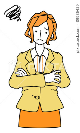 Illustration of a woman in a business woman wearing a suit that is worried about round and round Illustration of a woman in a business woman wearing a suit that is worried about round and round 89986439