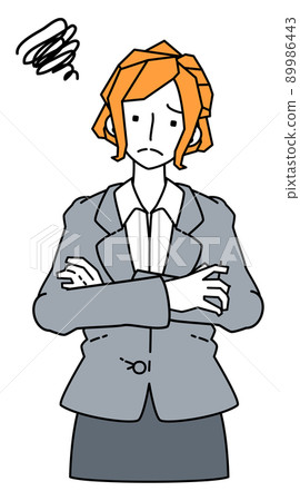 Illustration of a woman in a business woman wearing a suit that is worried about round and round Illustration of a woman in a business woman wearing a suit that is worried about round and round 89986443