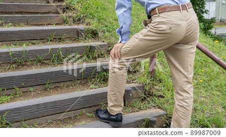 Image of a man with shortness of breath and knee pain on the stairs 89987009
