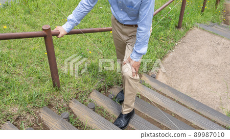 Image of a man with shortness of breath and knee pain on the stairs Image of a man with shortness of breath and knee pain on the stairs 89987010