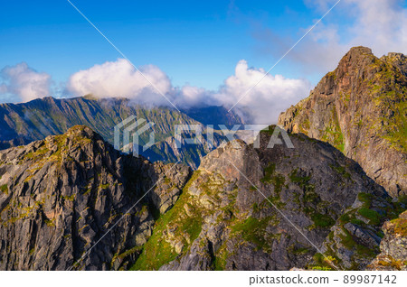 Top of mount Festvagtinden on Lofoten islands in Norway Top of mount Festvagtinden on Lofoten islands in Norway 89987142