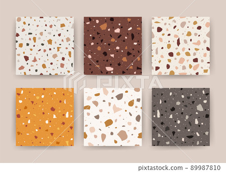 Set of terrazzo seamless backgrounds. Endless patterns for fabric, wallpaper, stoneware. Vector illustration in flat style Set of terrazzo seamless backgrounds. Endless patterns for fabric, wallpaper, stoneware. Vector illustration in flat style 89987810
