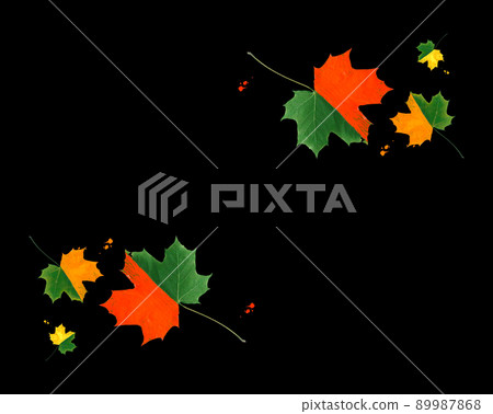 Symmetrical autumn design. Bright maple leaves decorated with gouache paints on black background. Symmetrical autumn design. Bright maple leaves decorated with gouache paints on black background. 89987868