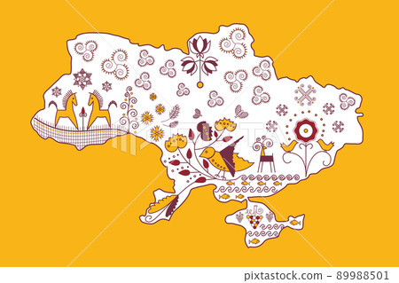 Ukraine Map. Traditional Ukrainian symbols of happiness and prosperity. Yellow background. Ukraine Map. Traditional Ukrainian symbols of happiness and prosperity. Yellow background. 89988501