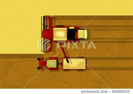 Grain harvester combine. Top view of harvester combine and tractor with trailer on field. Farmer work and harvesting, agriculture machinery, vector Grain harvester combine. Top view of harvester combine and tractor with trailer on field. Farmer work and harvesting, agriculture machinery, vector 89988503