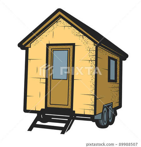 Wheeled tiny house or cabin trailer,  cute vehicle hovel front view, vector 89988507