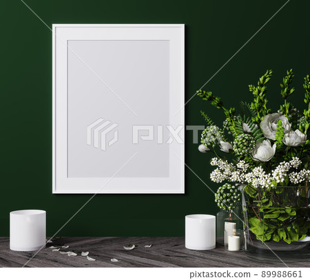 Mockup poster vertical frame close up with white flowers and candles, green wall. 3D render 89988661