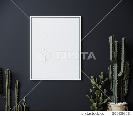 Mockup frame on dark gray wall mock up with cactus, vertical white poster frame on wall, mock up for picture or photo frame, empty frame on bright wall, 3d render 89988666