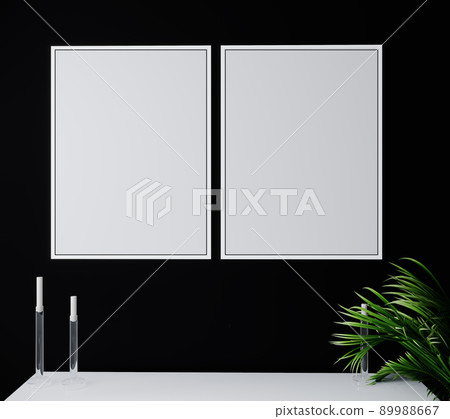 Mockup two poster frame in modern black interior background with plant, Scandinavian style, 3D render, 3D illustration 89988667