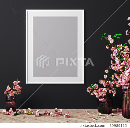 White frame on black wall in bright interior with pink flowers, sakura on wooden floor, 3d rendering 89989113
