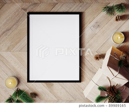 Christmas composition mockup. Gift box, candles, Christmas decorations on wood background. Flat lay, top view, 3d render 89989165