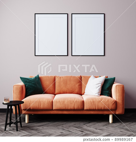 Minimal living room design, orange sofa in empty modern background, 3d render 89989167