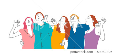 Smiling people embracing and looking up. Smiling people embracing and looking up. 89989296