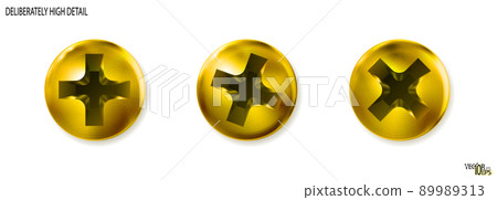 Set gold metal screws, heads, golden bolts. Vector 89989313