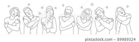 Multiethnic group of people hugging themselves with hearts on a white background. Multiethnic group of people hugging themselves with hearts on a white background. 89989324