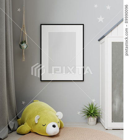 Mock up frame in children room interior background, Scandinavian style, 3D render 89990096