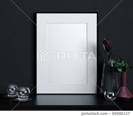Mockup poster frame in modern black interior background, Scandinavian style, 3D render, 3D illustration 89990137