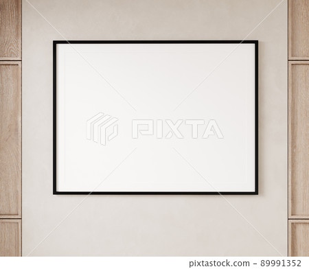 Single empty square black lined picture frame hanging on beige wall with wooden panels. 3D illustration. 89991352