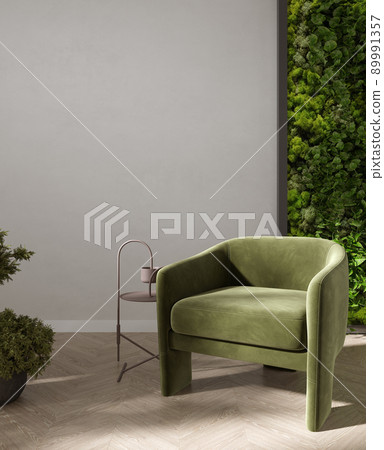 Green armchair and coffee table in living room interior with moss wall and plant, light beige wall, 3d rendering 89991357