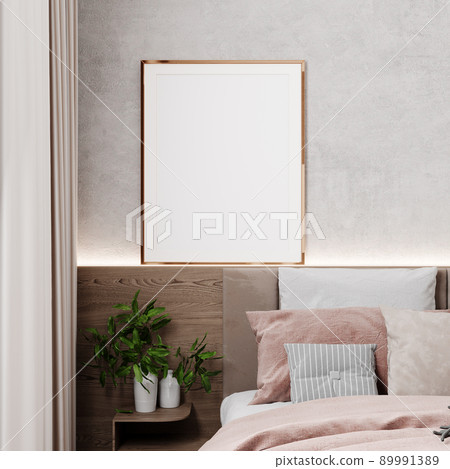 Mockup frame in beige bedroom interior, golden frame on wooden bed, Scandinavian style, 3d render Mockup frame in beige bedroom interior, golden frame on wooden bed, Scandinavian style, 3d render 89991389
